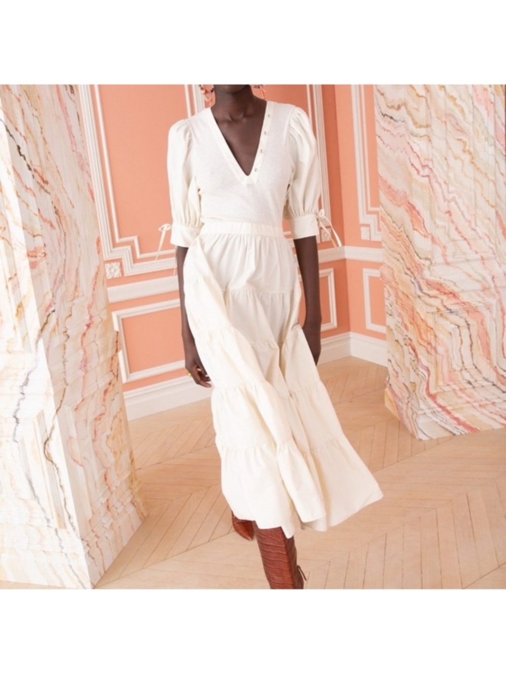 Ulla Johnson Cream Tiered V-Neck Midi Dress with Puff Sleeves